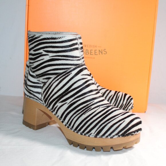 NWB Swedish Hasbeens Slip On Bootie Boots Clogs Zebra Calf Hair - Picture 1 of 10